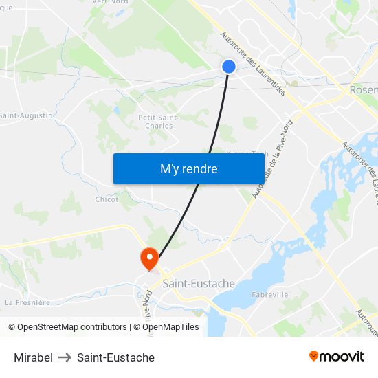 Mirabel to Saint-Eustache map