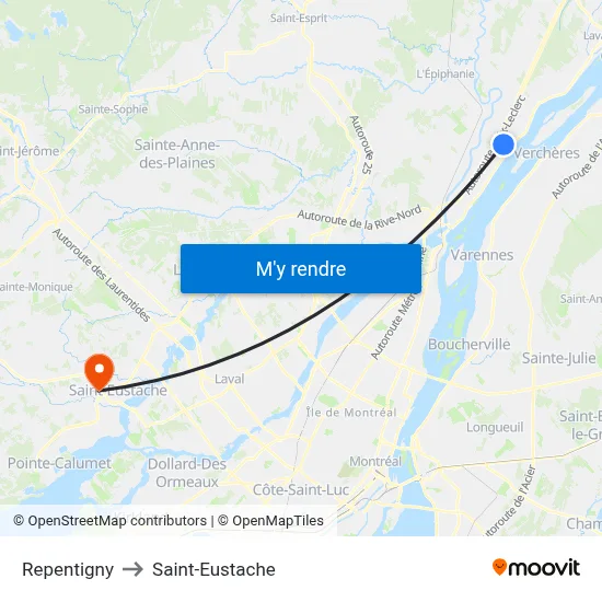 Repentigny to Saint-Eustache map