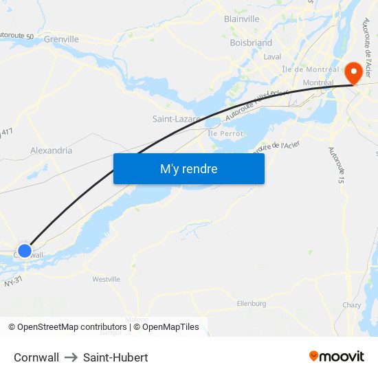 Cornwall to Saint-Hubert map