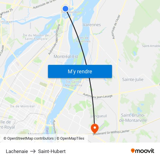 Lachenaie to Saint-Hubert map