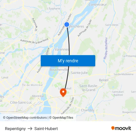 Repentigny to Saint-Hubert map