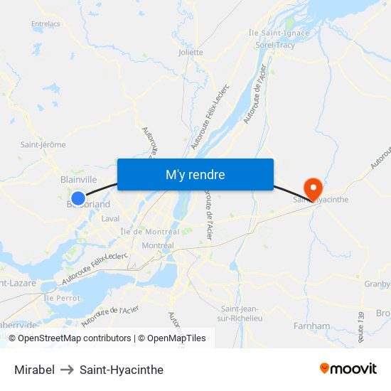 Mirabel to Saint-Hyacinthe map