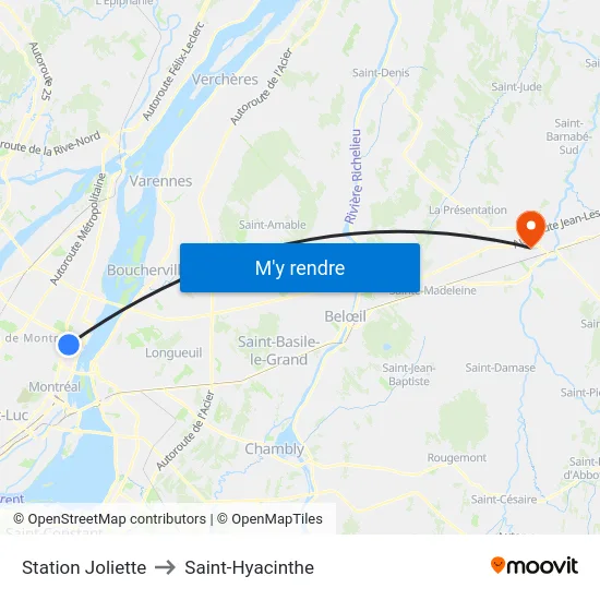 Station Joliette to Saint-Hyacinthe map