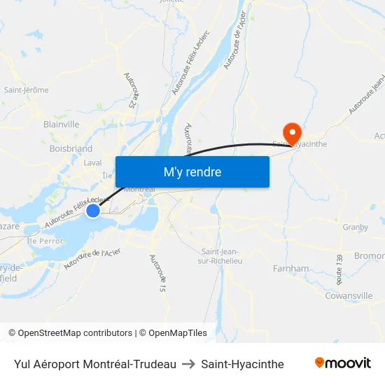 Yul Aéroport Montréal-Trudeau to Saint-Hyacinthe map