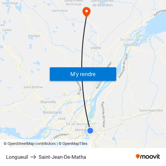 Longueuil to Saint-Jean-De-Matha map