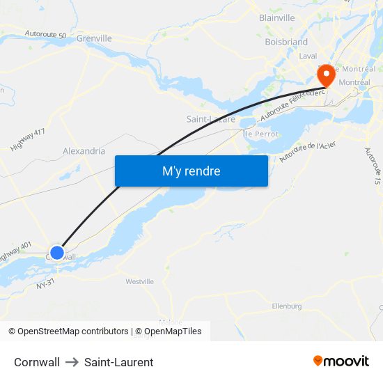 Cornwall to Saint-Laurent map