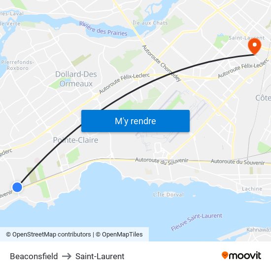 Beaconsfield to Saint-Laurent map