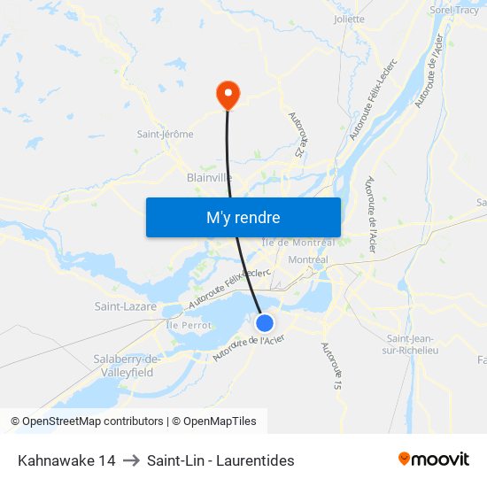 Kahnawake 14 to Saint-Lin - Laurentides map