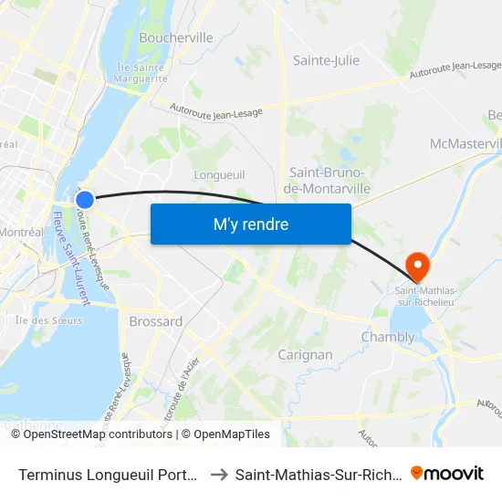 Terminus Longueuil Porte D31 to Saint-Mathias-Sur-Richelieu map