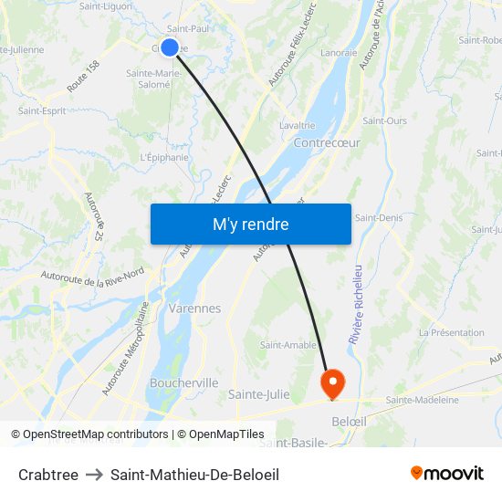 Crabtree to Saint-Mathieu-De-Beloeil map