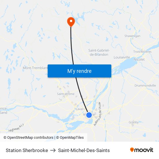 Station Sherbrooke to Saint-Michel-Des-Saints map