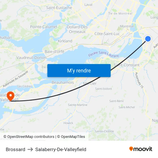 Brossard to Salaberry-De-Valleyfield map