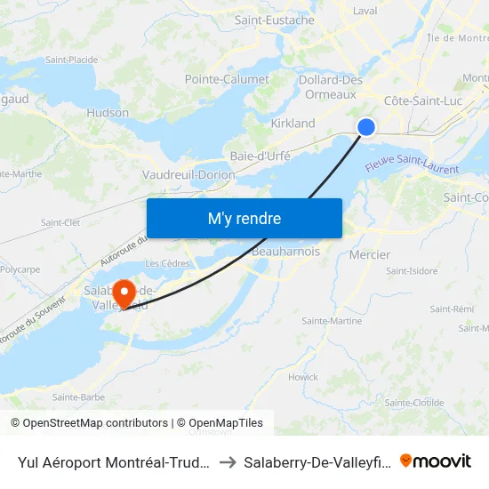 Yul Aéroport Montréal-Trudeau to Salaberry-De-Valleyfield map