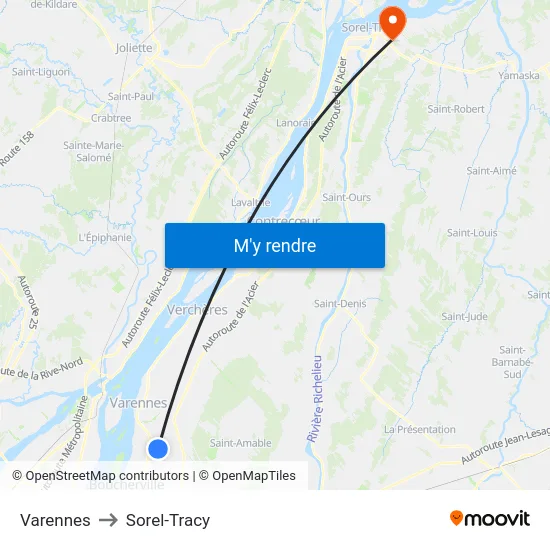 Varennes to Sorel-Tracy map