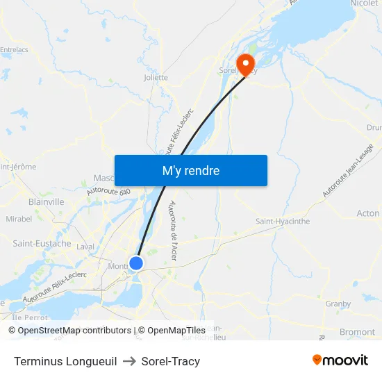 Terminus Longueuil to Sorel-Tracy map