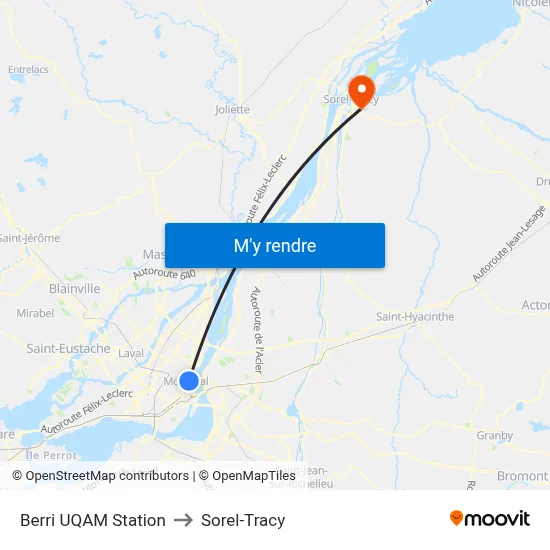 Berri UQAM Station to Sorel-Tracy map