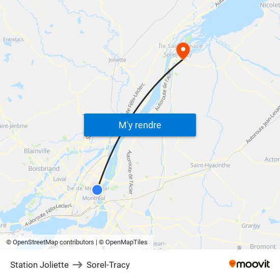 Station Joliette to Sorel-Tracy map