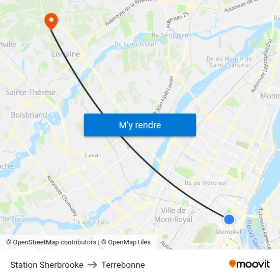 Station Sherbrooke to Terrebonne map