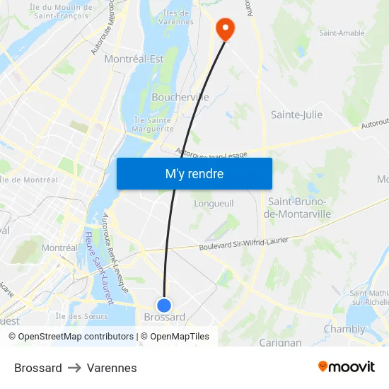 Brossard to Varennes map