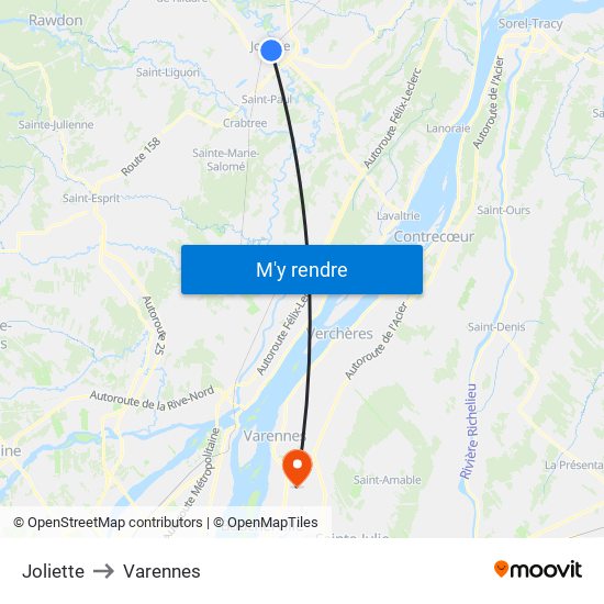 Joliette to Varennes map