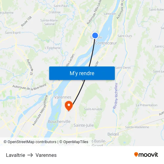 Lavaltrie to Varennes map