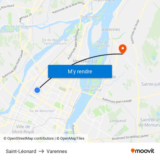 Saint-Léonard to Varennes map