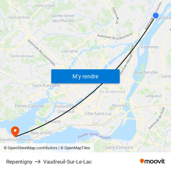 Repentigny to Vaudreuil-Sur-Le-Lac map