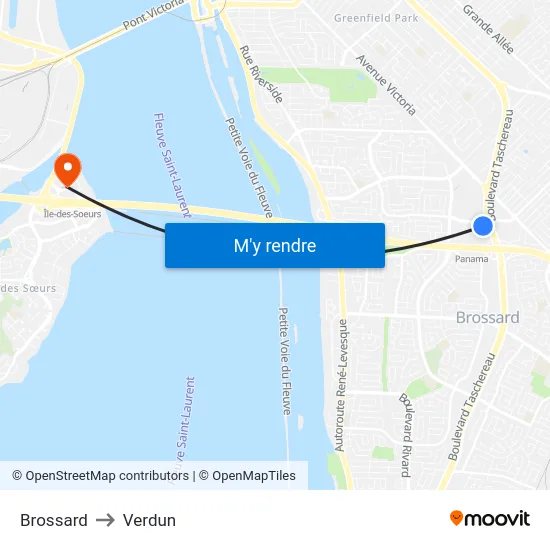 Brossard to Verdun map