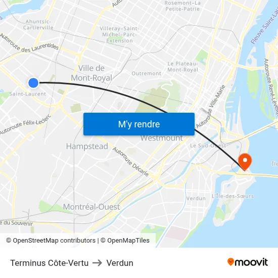 Terminus Côte-Vertu to Verdun map