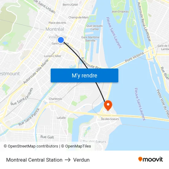 Montreal Central Station to Verdun map