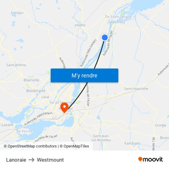 Lanoraie to Westmount map