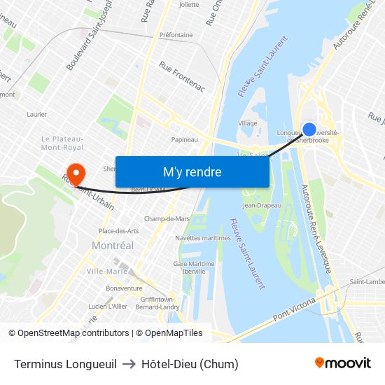 Terminus Longueuil to Hôtel-Dieu (Chum) map