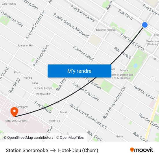 Station Sherbrooke to Hôtel-Dieu (Chum) map