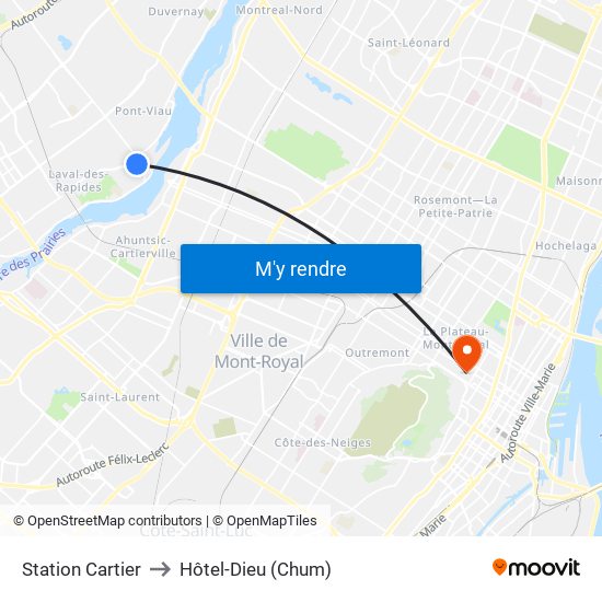 Station Cartier to Hôtel-Dieu (Chum) map