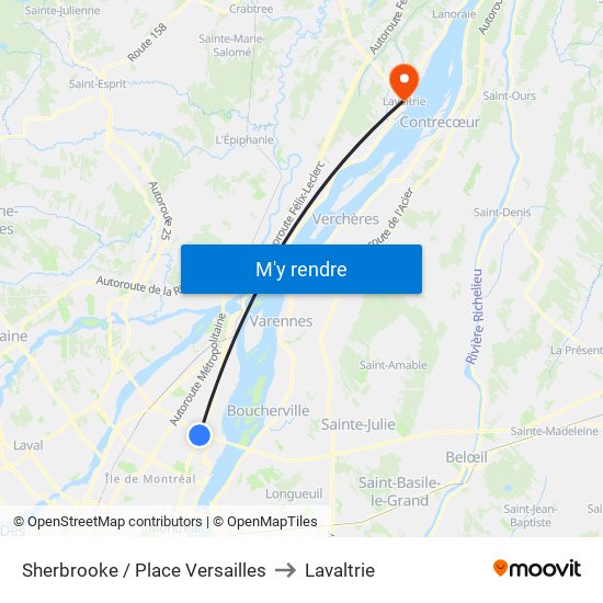 Sherbrooke / Place Versailles to Lavaltrie map