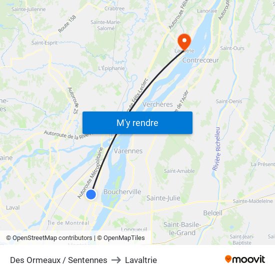 Des Ormeaux / Sentennes to Lavaltrie map