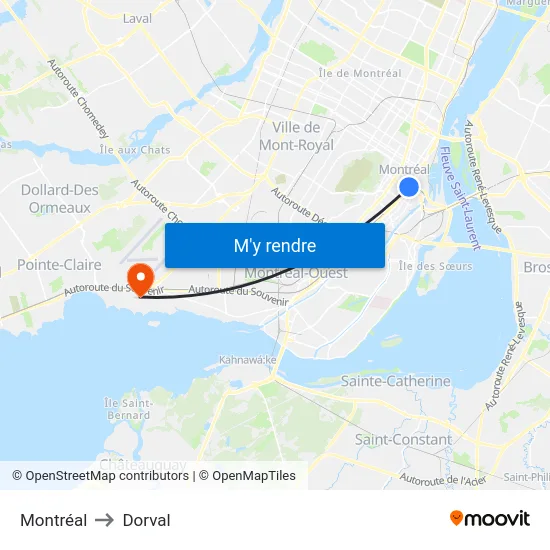 Montréal to Dorval map