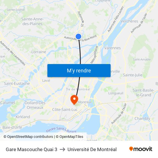 Gare Mascouche Quai 3 to Université De Montréal map