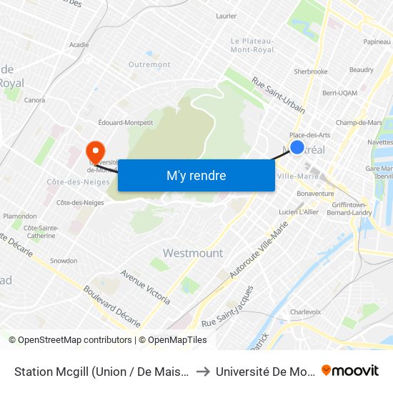 Station Mcgill (Union / De Maisonneuve) to Université De Montréal map
