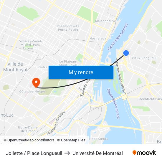 Joliette / Place Longueuil to Université De Montréal map