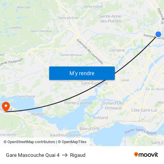 Gare Mascouche Quai 4 to Rigaud map