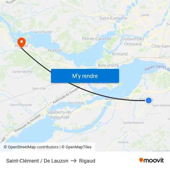 Saint-Clément / De Lauzon to Rigaud map