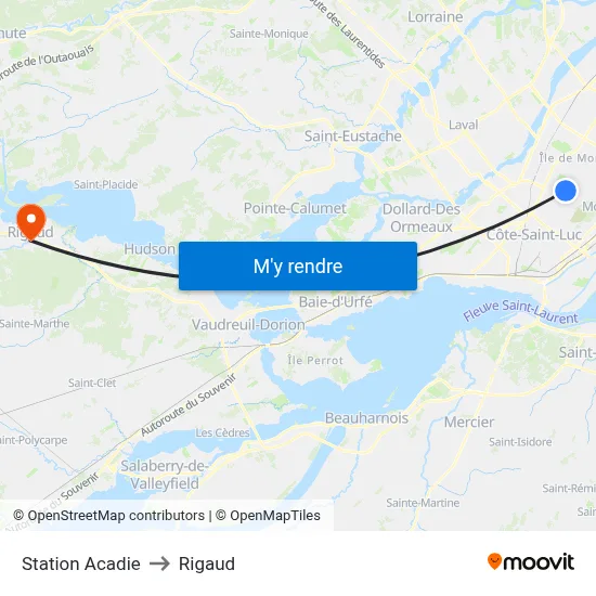 Station Acadie to Rigaud map