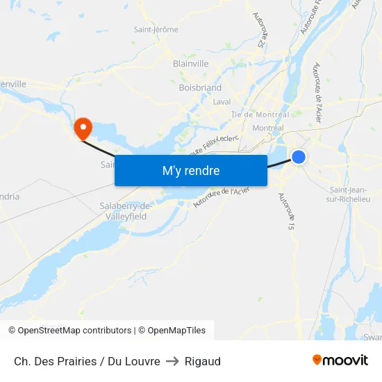 Des Prairies / Du Louvre to Rigaud map