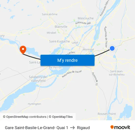 Gare Saint-Basile-Le-Grand- Quai 1 to Rigaud map