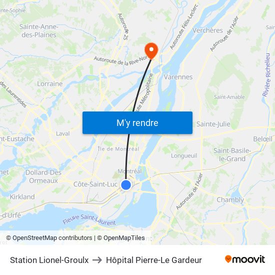 Station Lionel-Groulx to Hôpital Pierre-Le Gardeur map