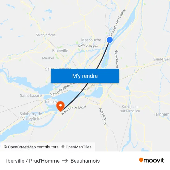 Iberville / Prud'Homme to Beauharnois map