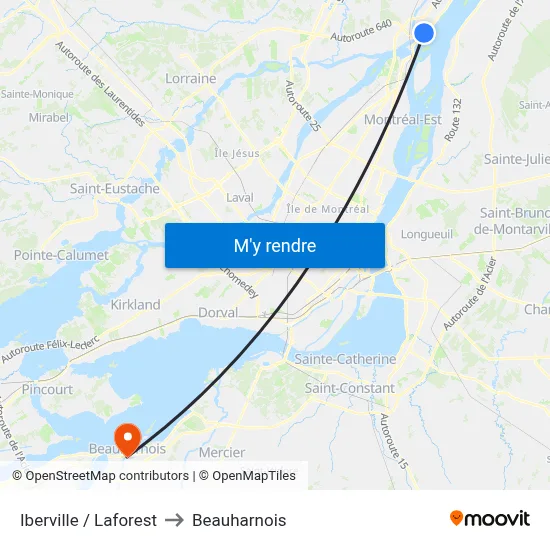 Iberville / Laforest to Beauharnois map