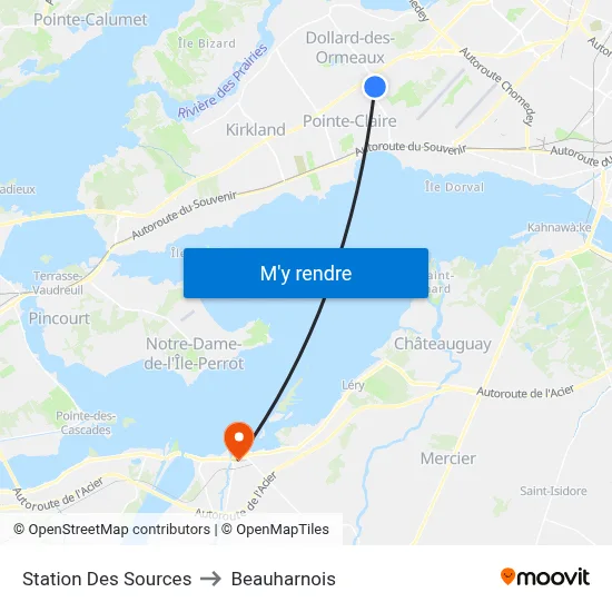 Station Des Sources to Beauharnois map