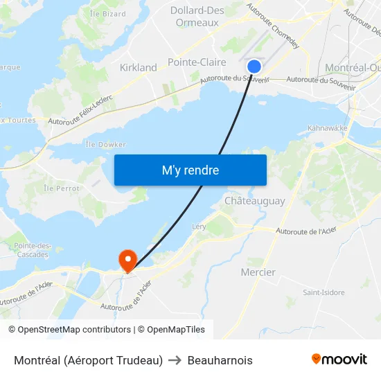 Montréal (Aéroport Trudeau) to Beauharnois map